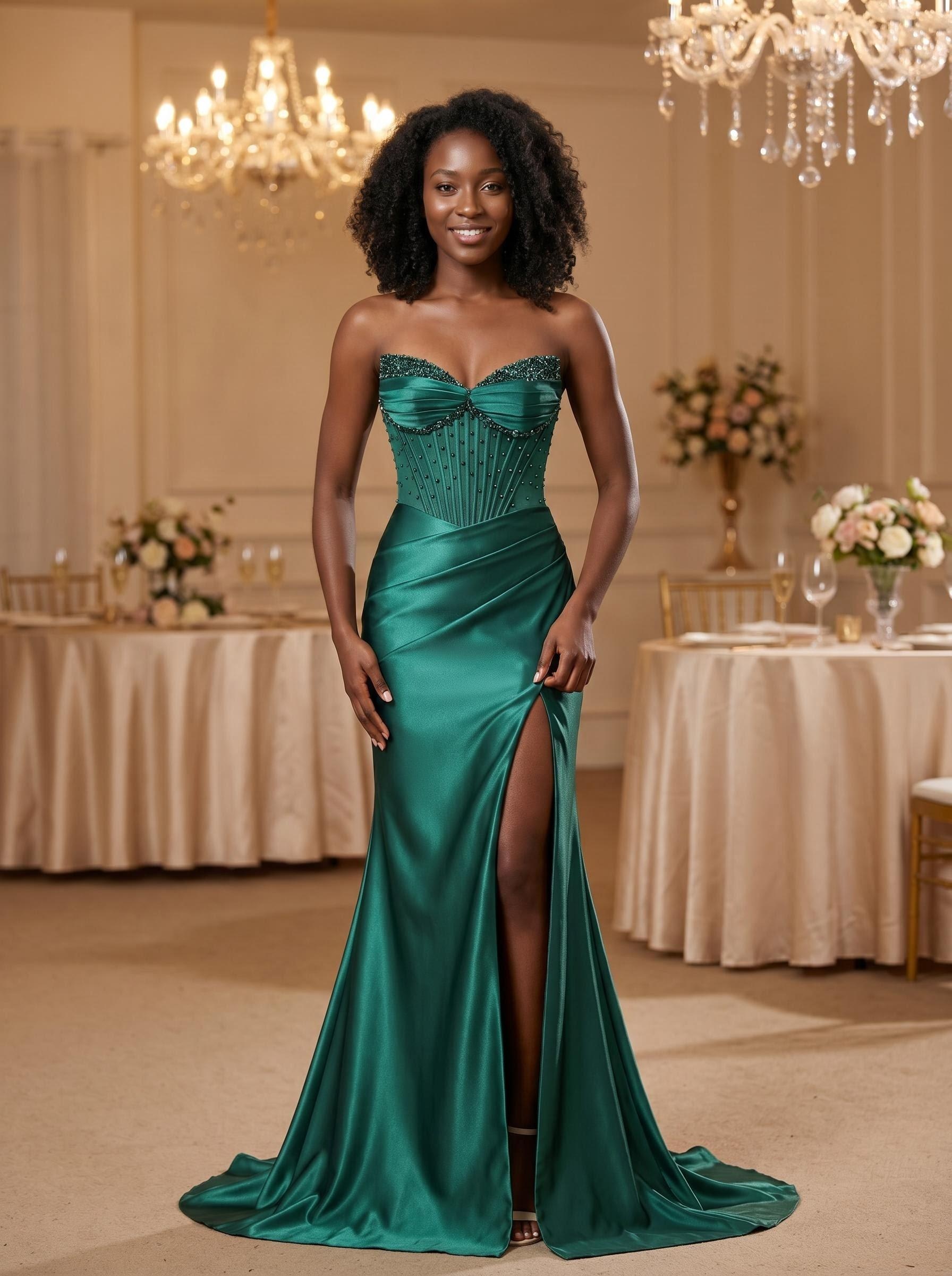 Emerald Beaded Mermaid Gown for tall women